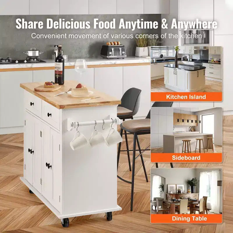 Rolling Kitchen Island Cart with Solid Wood Top Storage Cabinet Drawer Spice Rack and Towel Bar