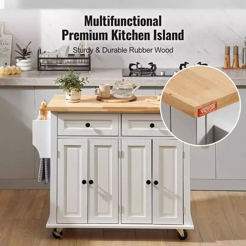Rolling Kitchen Island Cart with Solid Wood Top Storage Cabinet Drawer Spice Rack and Towel Bar