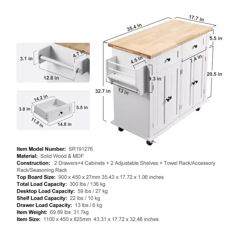 Rolling Kitchen Island Cart with Solid Wood Top Storage Cabinet Drawer Spice Rack and Towel Bar