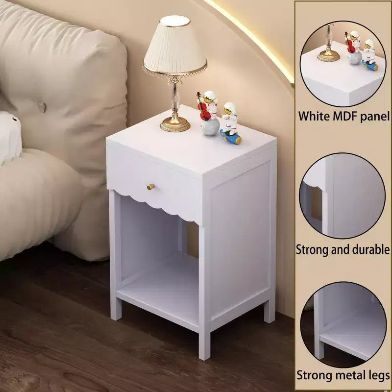 TUYOHW Scalloped Edge Nightstand with Drawer & Open Shelf,Compact Bedside Table,End Table for Bedroom,Kids' Room