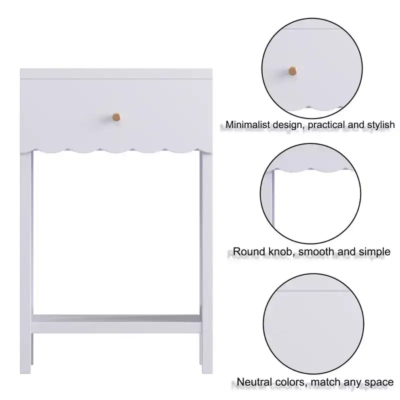 TUYOHW Scalloped Edge Nightstand with Drawer & Open Shelf,Compact Bedside Table,End Table for Bedroom,Kids' Room