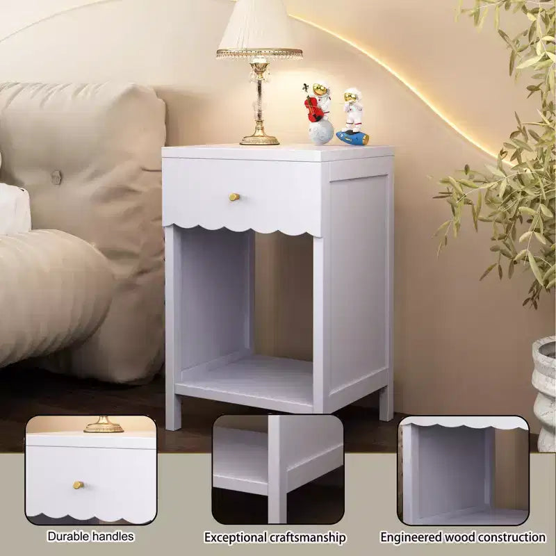 TUYOHW Scalloped Edge Nightstand with Drawer & Open Shelf,Compact Bedside Table,End Table for Bedroom,Kids' Room