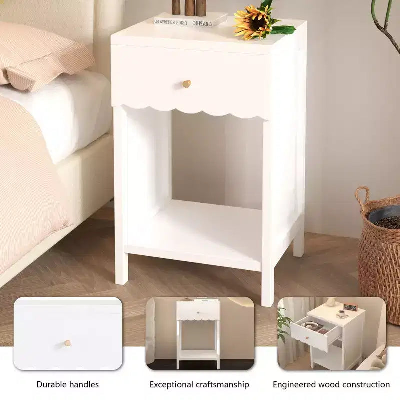 TUYOHW Scalloped Edge Nightstand with Drawer & Open Shelf,Compact Bedside Table,End Table for Bedroom,Kids' Room