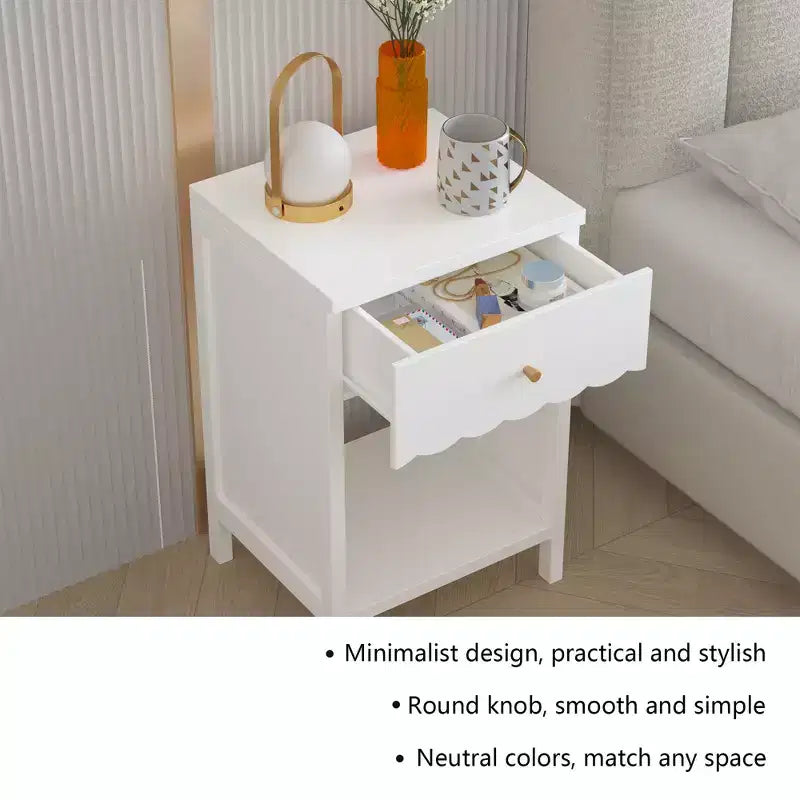 TUYOHW Scalloped Edge Nightstand with Drawer & Open Shelf,Compact Bedside Table,End Table for Bedroom,Kids' Room