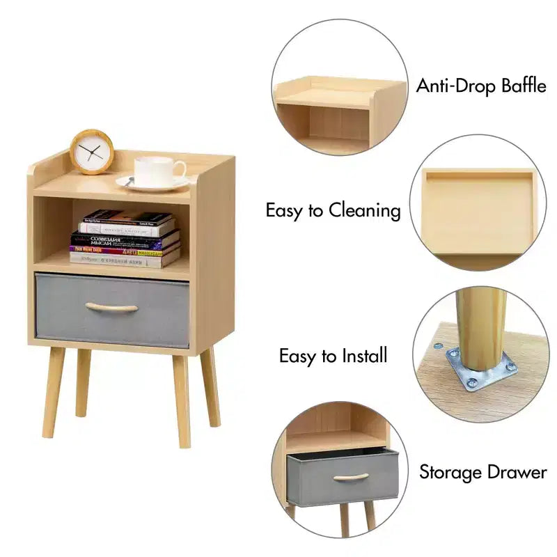 TUYOHW Modern Nightstand With Collapsible Fabric Drawer,Storage End Table with Open Shelf,Wood Side Table for Kids,Adults,Bedroom,Living Room,Oak