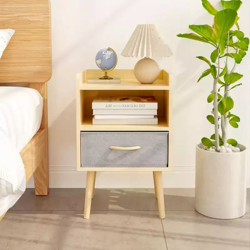 TUYOHW Modern Nightstand With Collapsible Fabric Drawer,Storage End Table with Open Shelf,Wood Side Table for Kids,Adults,Bedroom,Living Room,Oak