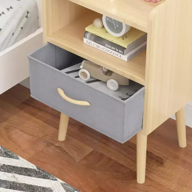 TUYOHW Modern Nightstand With Collapsible Fabric Drawer,Storage End Table with Open Shelf,Wood Side Table for Kids,Adults,Bedroom,Living Room,Oak