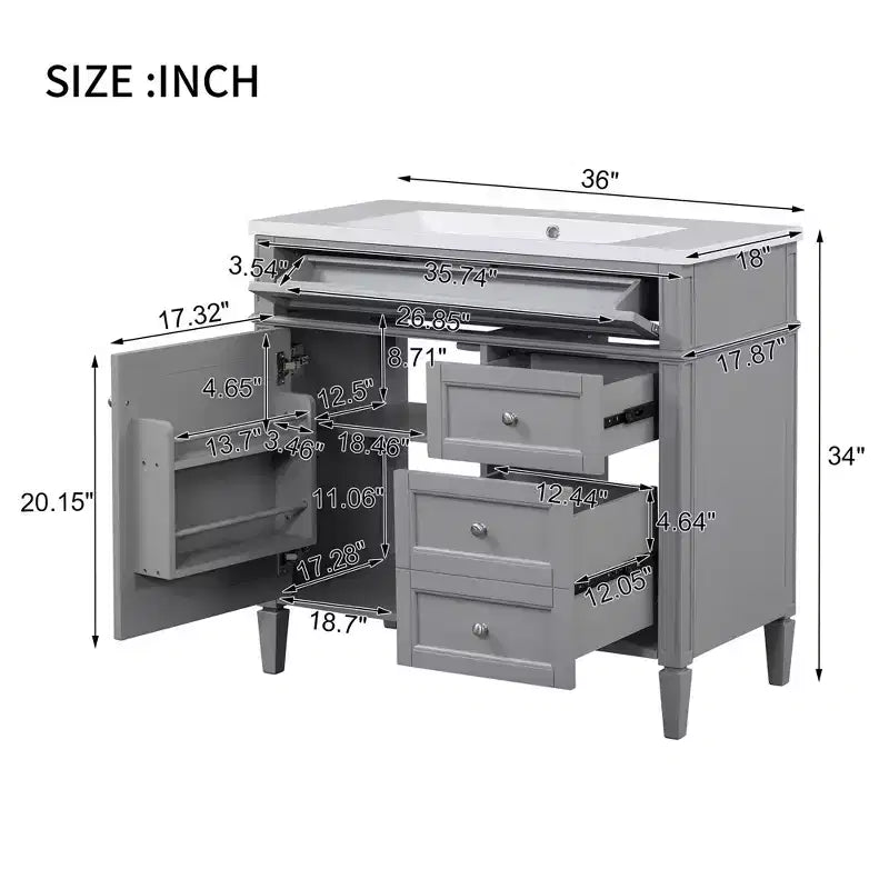 36Bathroom Vanity with Sink, Bathroom Storage Cabinet with Drawers, Single Sink Bathroom Vanity