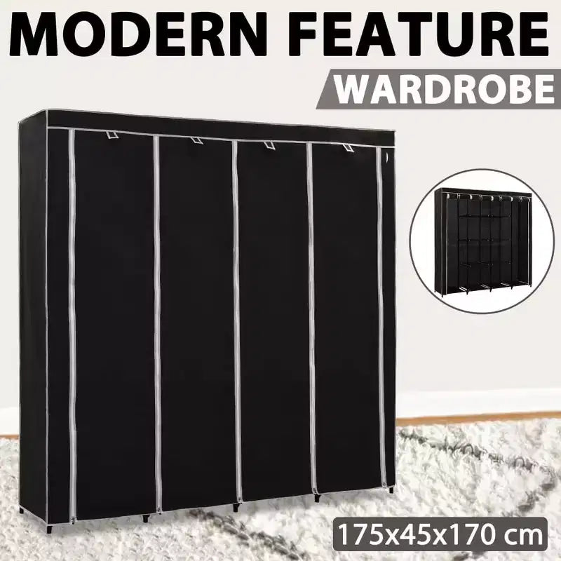 vidaXL Wardrobe Black Iron Frame and Polyester Fabric Large Wardrobe - Black