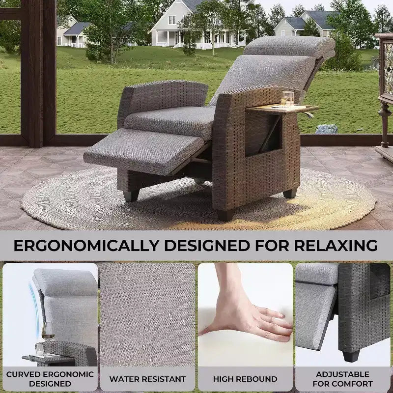 COZONY Patio Recliner Chair, Adjustable Back Footrest PE Wicker Weather Resistant with Flip Up Table Air Pump
