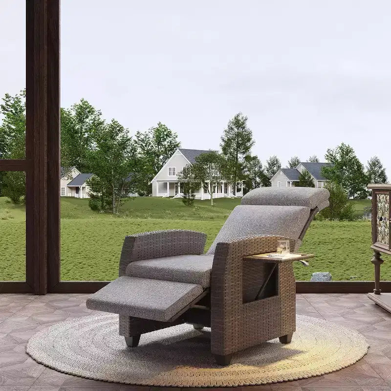 COZONY Patio Recliner Chair, Adjustable Back Footrest PE Wicker Weather Resistant with Flip Up Table Air Pump
