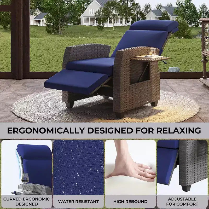 COZONY Patio Recliner Chair, Adjustable Back Footrest PE Wicker Weather Resistant with Flip Up Table Air Pump