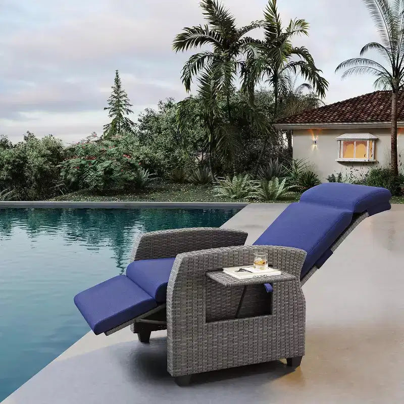 COZONY Patio Recliner Chair, Adjustable Back Footrest PE Wicker Weather Resistant with Flip Up Table Air Pump