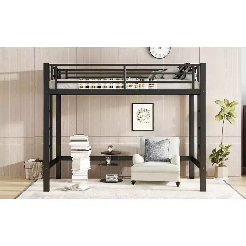 Bellemave Twin/Queen Size Metal Loft Bed with Easy Climbing Ladder and Guardrails, Black