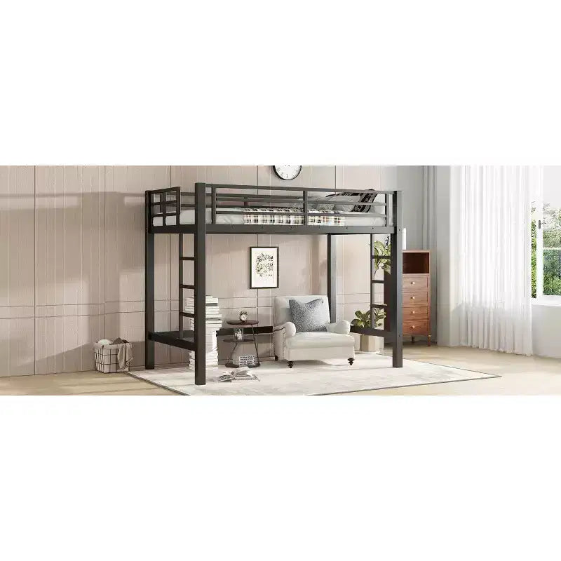 Bellemave Twin/Queen Size Metal Loft Bed with Easy Climbing Ladder and Guardrails, Black
