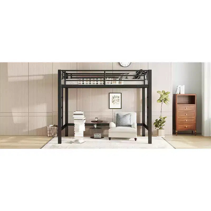 Bellemave Twin/Queen Size Metal Loft Bed with Easy Climbing Ladder and Guardrails, Black