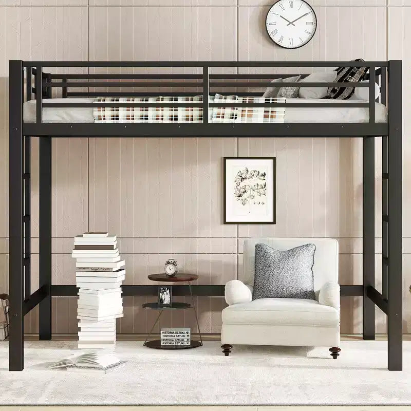 Bellemave Twin/Queen Size Metal Loft Bed with Easy Climbing Ladder and Guardrails, Black