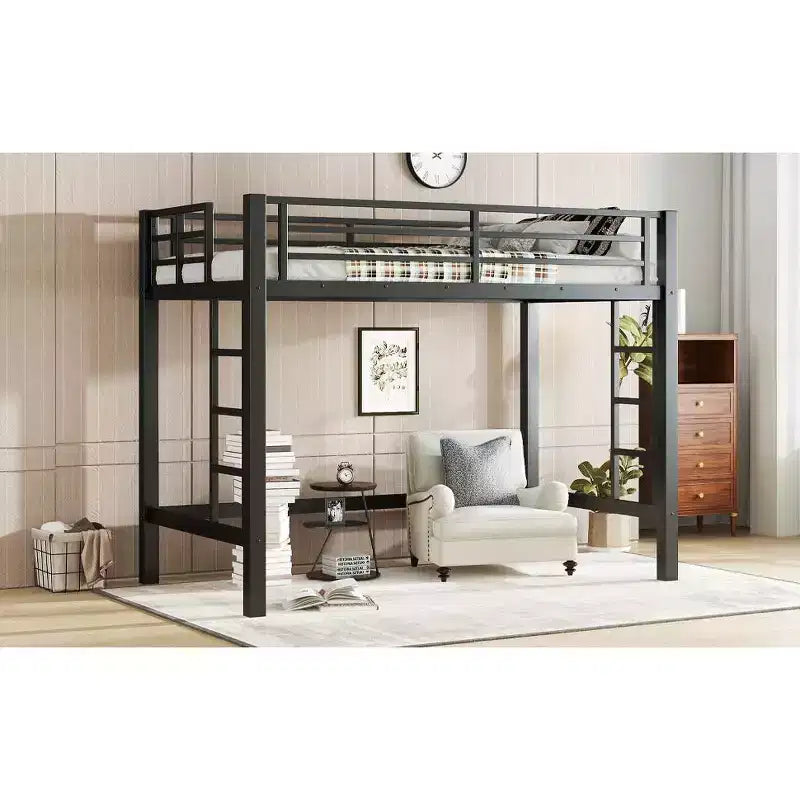 Bellemave Twin/Queen Size Metal Loft Bed with Easy Climbing Ladder and Guardrails, Black