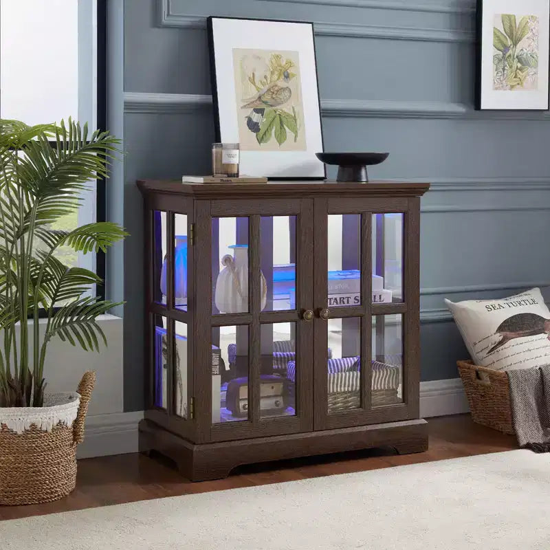 Antique Display Cabinet with Adjustable Shelves, Retro Design Quality Showcase with Lattice Doors Elegant Bookcase and Storage Cabinet for Home Decor
