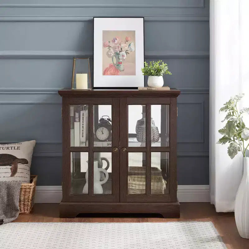 Antique Display Cabinet with Adjustable Shelves, Retro Design Quality Showcase with Lattice Doors Elegant Bookcase and Storage Cabinet for Home Decor