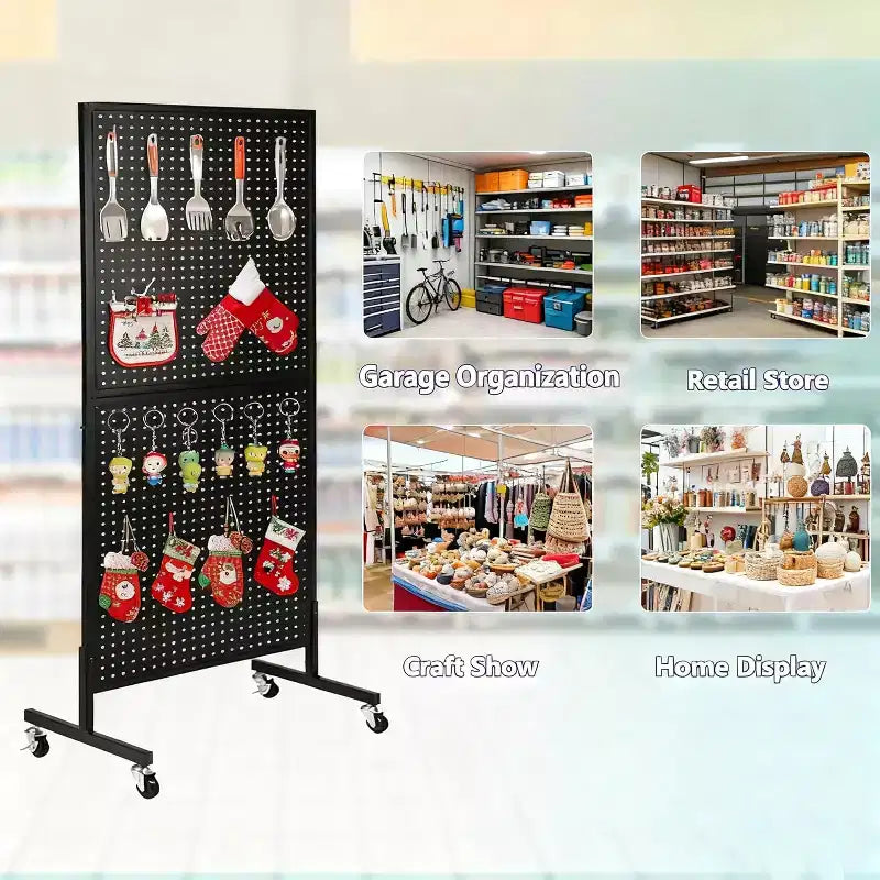 Acekool 2'x5' Pegboard Display Stand with Wheels, Metal Peg Board Display Rack with T-Base and Hooks for Craft Fair, Retail and Home Organizer