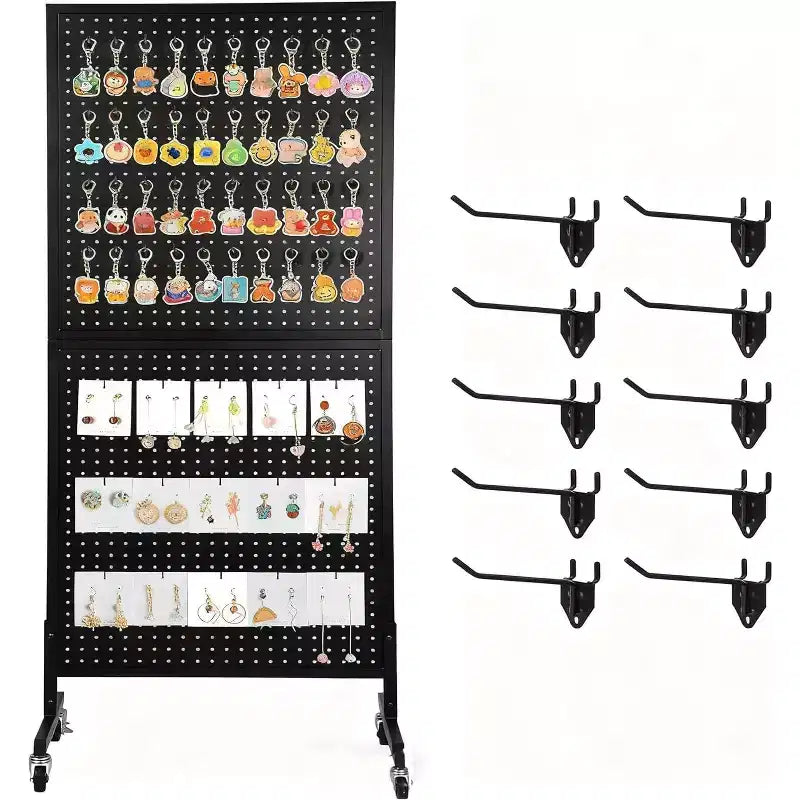 Acekool 2'x5' Pegboard Display Stand with Wheels, Metal Peg Board Display Rack with T-Base and Hooks for Craft Fair, Retail and Home Organizer