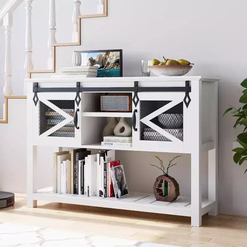 Farmhouse Entryway Table with Sliding Barn Doors,Rustic Console Table with Storage,Open Shelf & Metal Mesh Accents,Industrial Sofa Table for Hallway