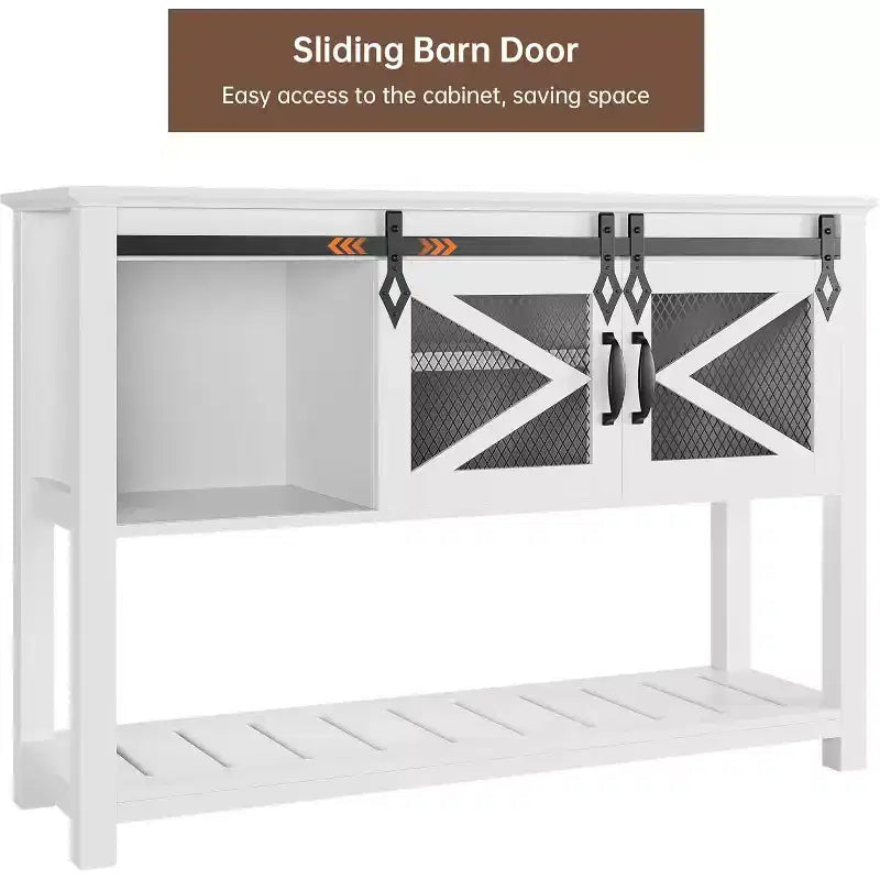 Farmhouse Entryway Table with Sliding Barn Doors,Rustic Console Table with Storage,Open Shelf & Metal Mesh Accents,Industrial Sofa Table for Hallway
