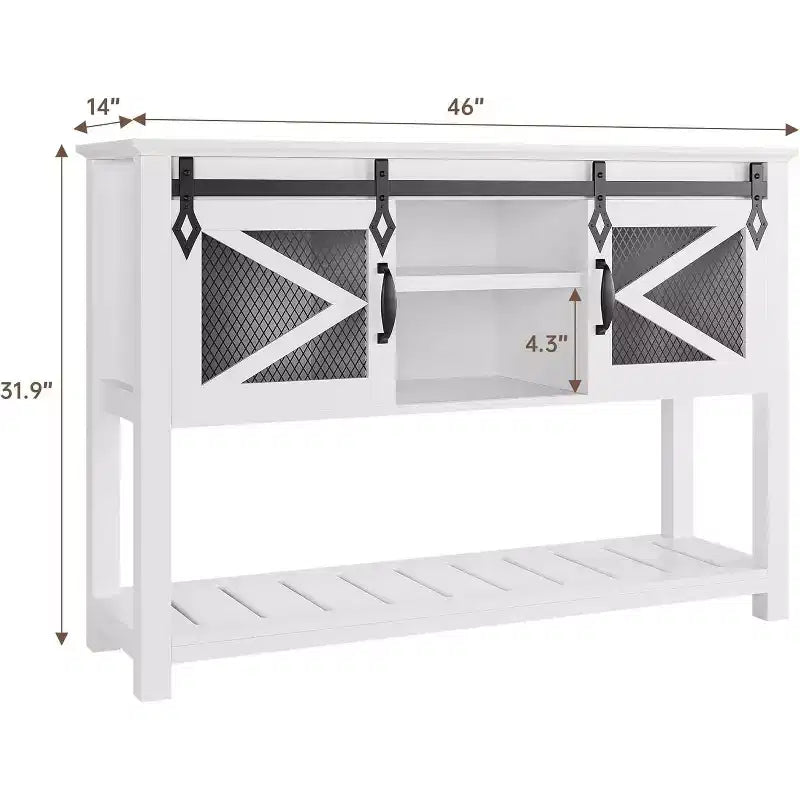 Farmhouse Entryway Table with Sliding Barn Doors,Rustic Console Table with Storage,Open Shelf & Metal Mesh Accents,Industrial Sofa Table for Hallway