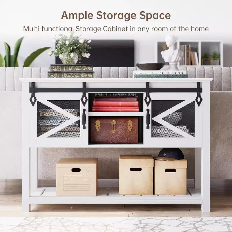 Farmhouse Entryway Table with Sliding Barn Doors,Rustic Console Table with Storage,Open Shelf & Metal Mesh Accents,Industrial Sofa Table for Hallway