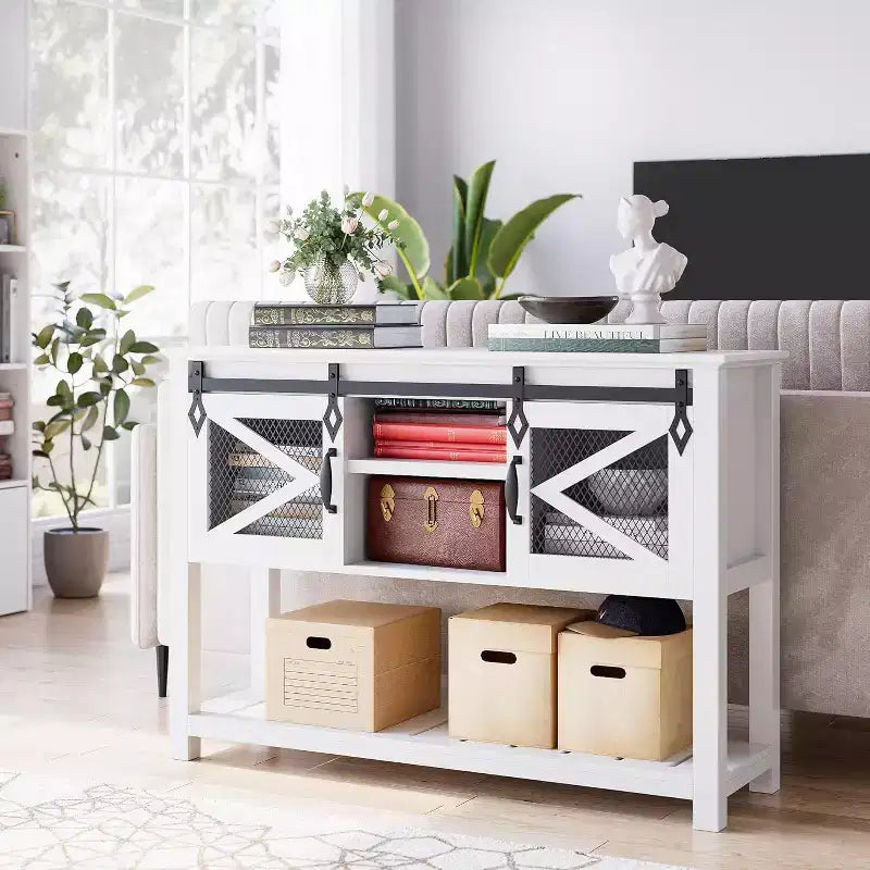 Farmhouse Entryway Table with Sliding Barn Doors,Rustic Console Table with Storage,Open Shelf & Metal Mesh Accents,Industrial Sofa Table for Hallway