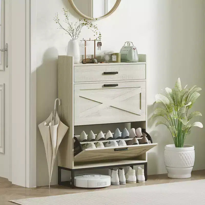 Slim Shoe Storage Cabinet, Shoes Cabinet Organizer with 2 Flip Drawers, Adjustable Shelves for 12 Pair