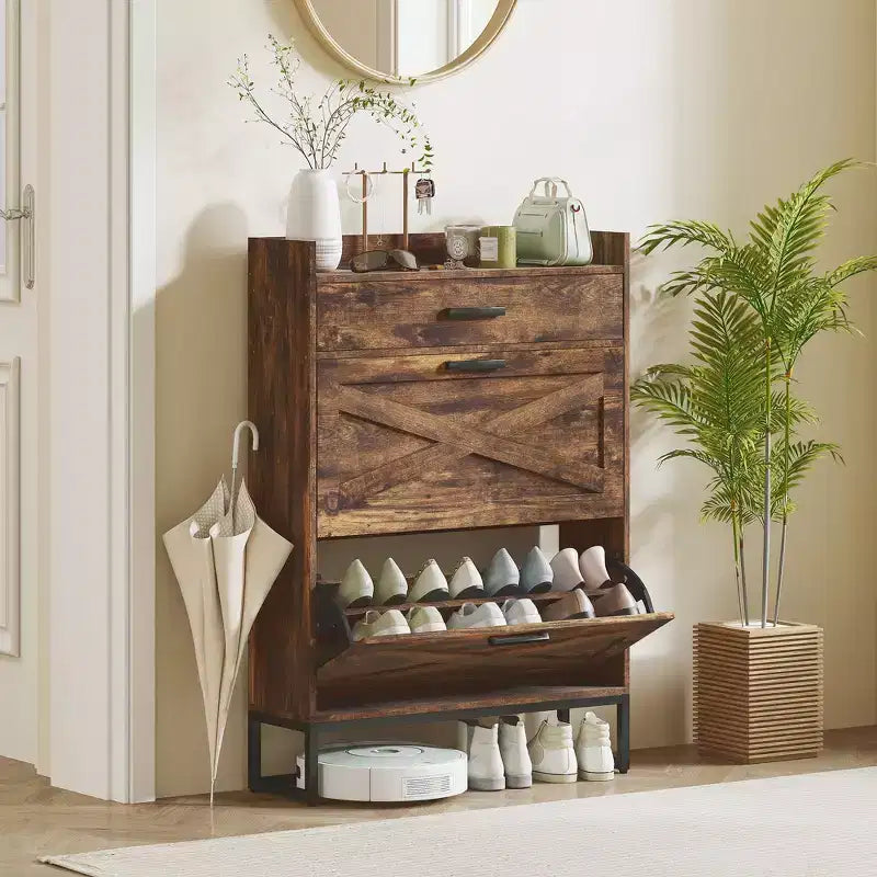 Slim Shoe Storage Cabinet, Shoes Cabinet Organizer with 2 Flip Drawers, Adjustable Shelves for 12 Pair