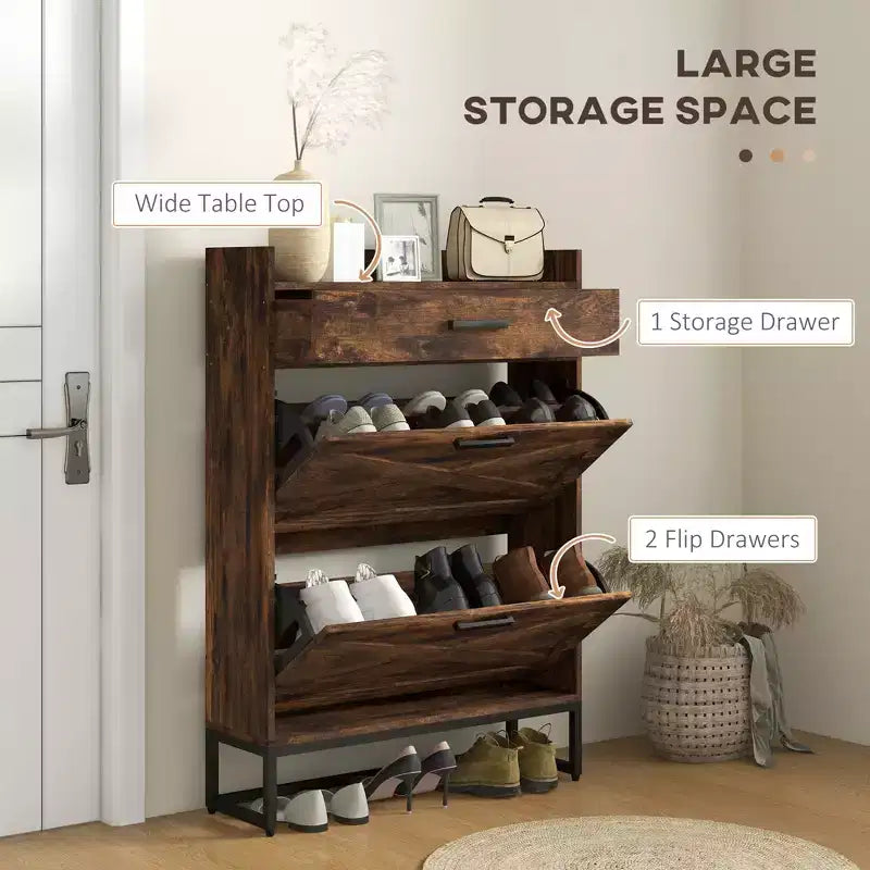 Slim Shoe Storage Cabinet, Shoes Cabinet Organizer with 2 Flip Drawers, Adjustable Shelves for 12 Pair