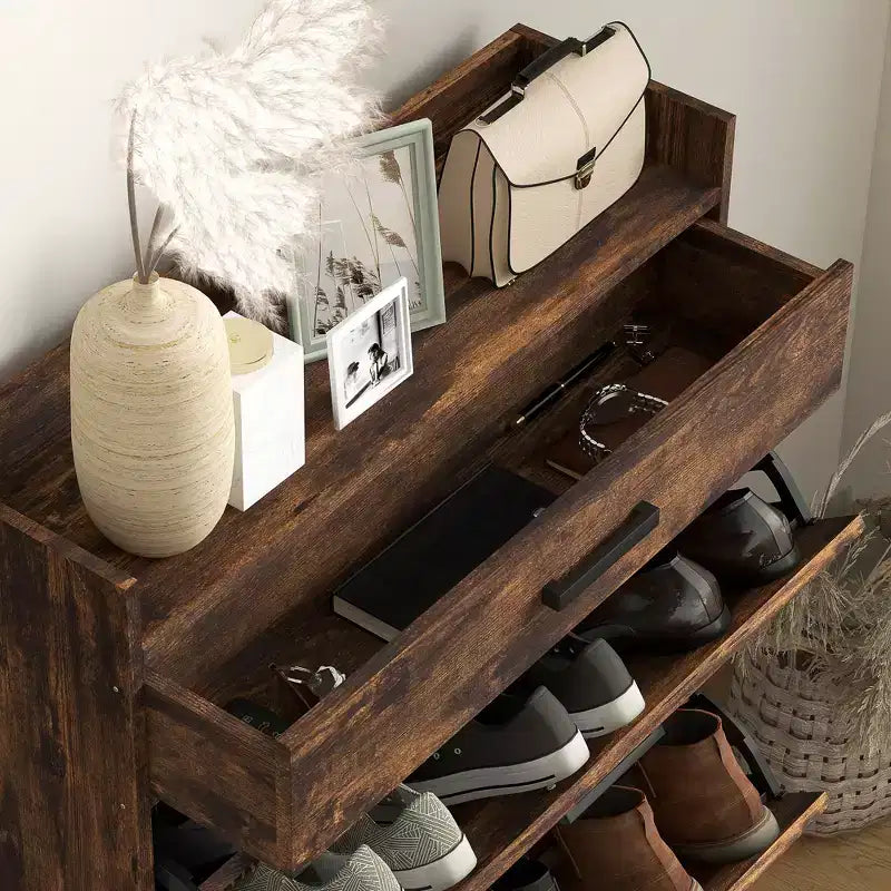 Slim Shoe Storage Cabinet, Shoes Cabinet Organizer with 2 Flip Drawers, Adjustable Shelves for 12 Pair