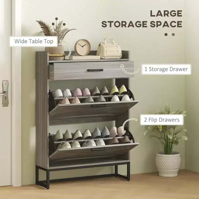 Slim Shoe Storage Cabinet, Shoes Cabinet Organizer with 2 Flip Drawers, Adjustable Shelves for 12 Pair