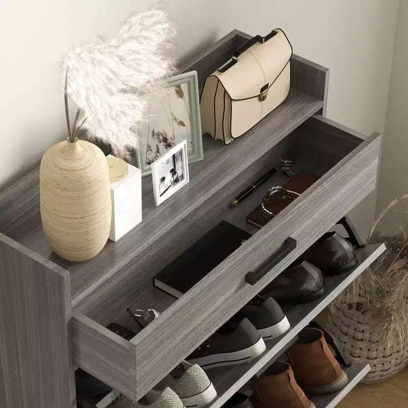 Slim Shoe Storage Cabinet, Shoes Cabinet Organizer with 2 Flip Drawers, Adjustable Shelves for 12 Pair