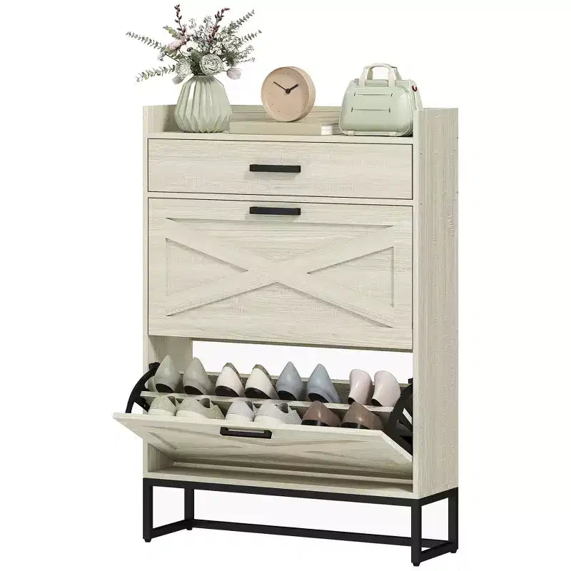 Slim Shoe Storage Cabinet, Shoes Cabinet Organizer with 2 Flip Drawers, Adjustable Shelves for 12 Pair