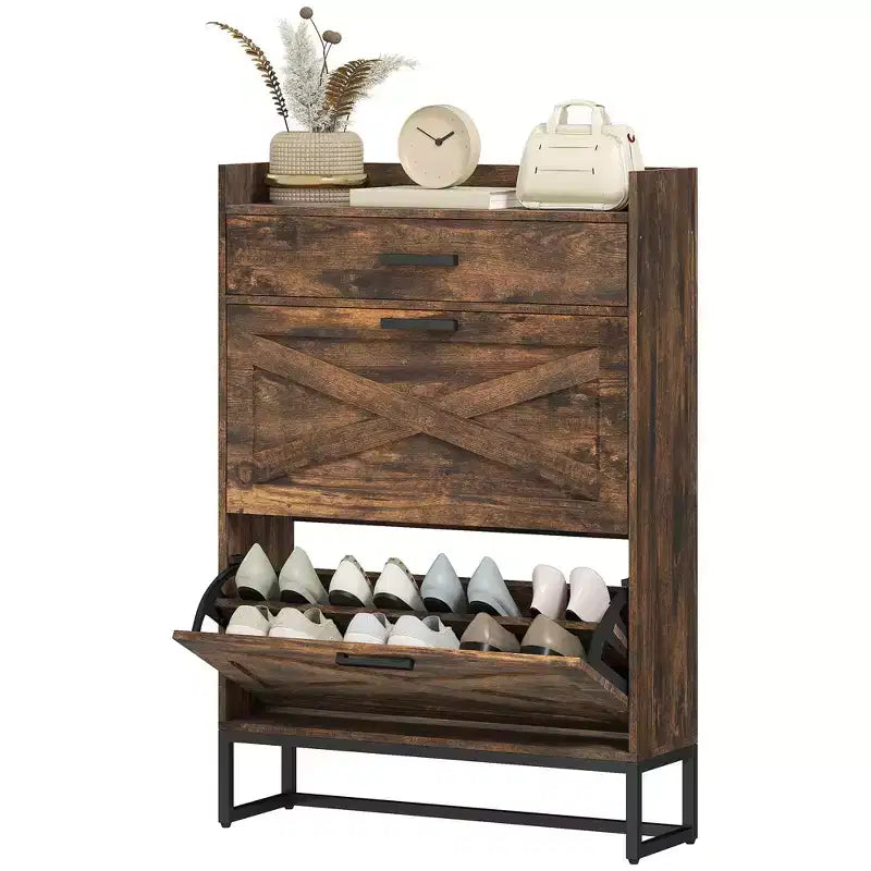 Slim Shoe Storage Cabinet, Shoes Cabinet Organizer with 2 Flip Drawers, Adjustable Shelves for 12 Pair
