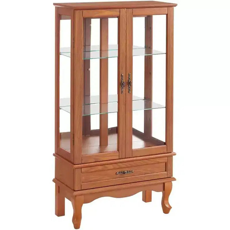 Lighted Glass Cabinet for Home Office, Display Cabinet with Glass Doors and Lights, Wine Cabinet with Adjustable Glass Shelves, 2 Doors, and 2 Drawer
