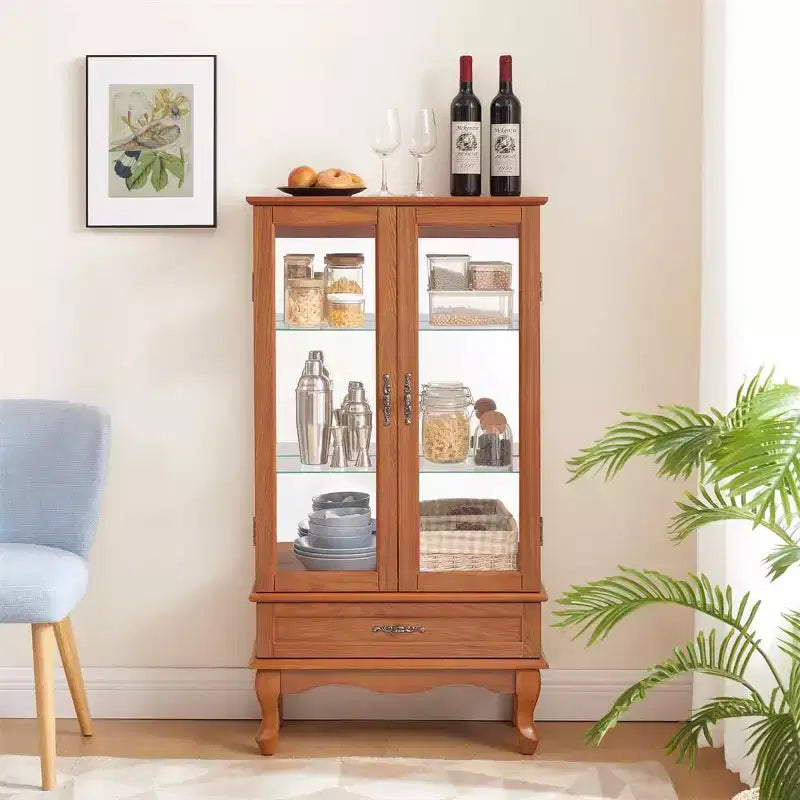 Lighted Glass Cabinet for Home Office, Display Cabinet with Glass Doors and Lights, Wine Cabinet with Adjustable Glass Shelves, 2 Doors, and 2 Drawer