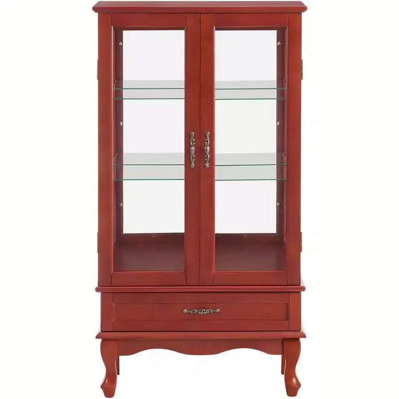 Lighted Glass Cabinet for Home Office, Display Cabinet with Glass Doors and Lights, Wine Cabinet with Adjustable Glass Shelves, 2 Doors, and 2 Drawer