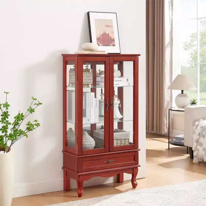 Lighted Glass Cabinet for Home Office, Display Cabinet with Glass Doors and Lights, Wine Cabinet with Adjustable Glass Shelves, 2 Doors, and 2 Drawer