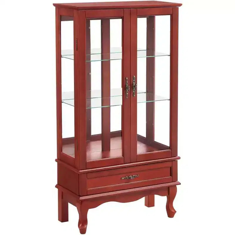 Lighted Glass Cabinet for Home Office, Display Cabinet with Glass Doors and Lights, Wine Cabinet with Adjustable Glass Shelves, 2 Doors, and 2 Drawer