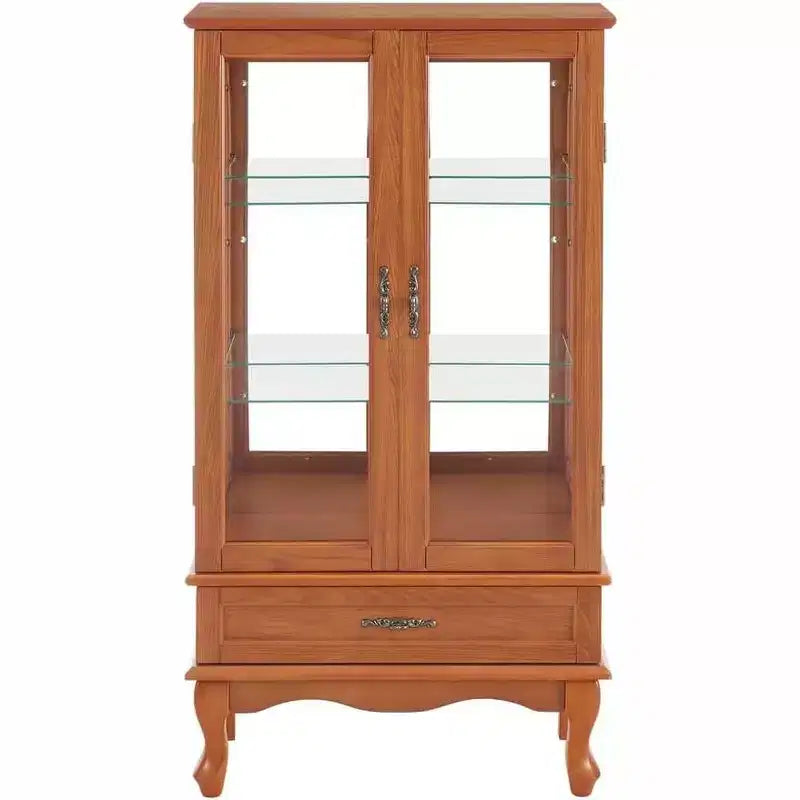 Lighted Glass Cabinet for Home Office, Display Cabinet with Glass Doors and Lights, Wine Cabinet with Adjustable Glass Shelves, 2 Doors, and 2 Drawer