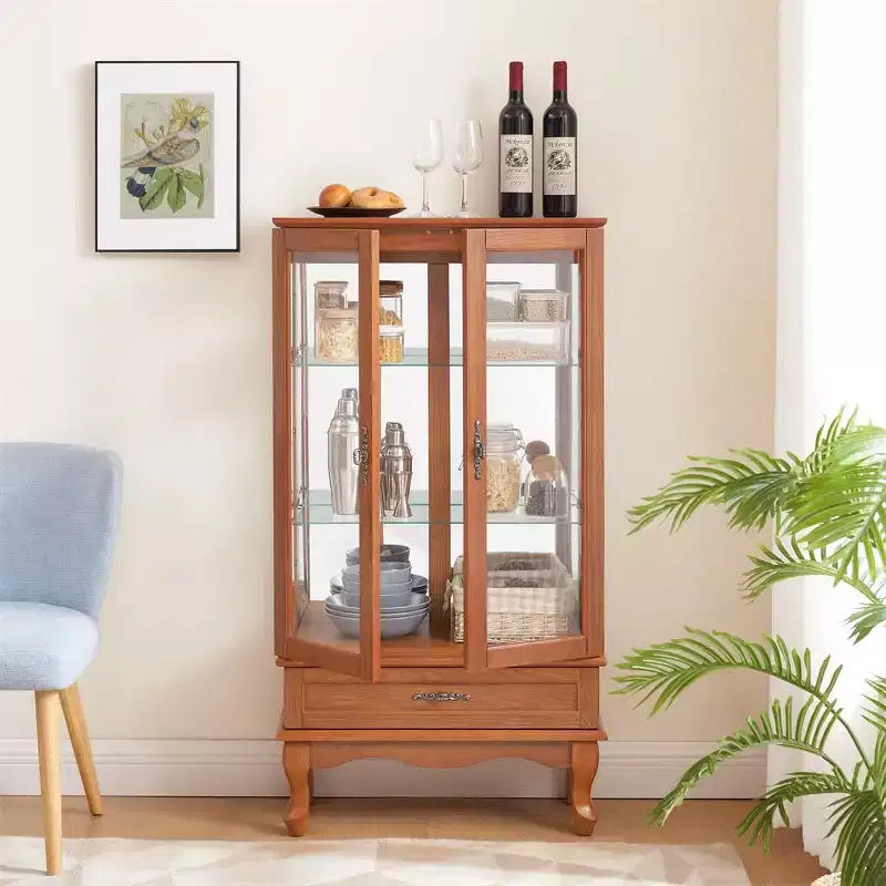 Lighted Glass Cabinet for Home Office, Display Cabinet with Glass Doors and Lights, Wine Cabinet with Adjustable Glass Shelves, 2 Doors, and 2 Drawer