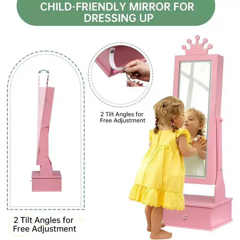 Kids Jewelry Cabinet with LED Full-Length Mirror,Freestanding Princess Vanity with Drawers & Jewelry Organizer,Armoire with Lights for Girls Dress Up
