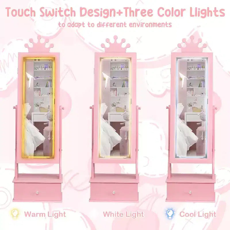 Kids Jewelry Cabinet with LED Full-Length Mirror,Freestanding Princess Vanity with Drawers & Jewelry Organizer,Armoire with Lights for Girls Dress Up
