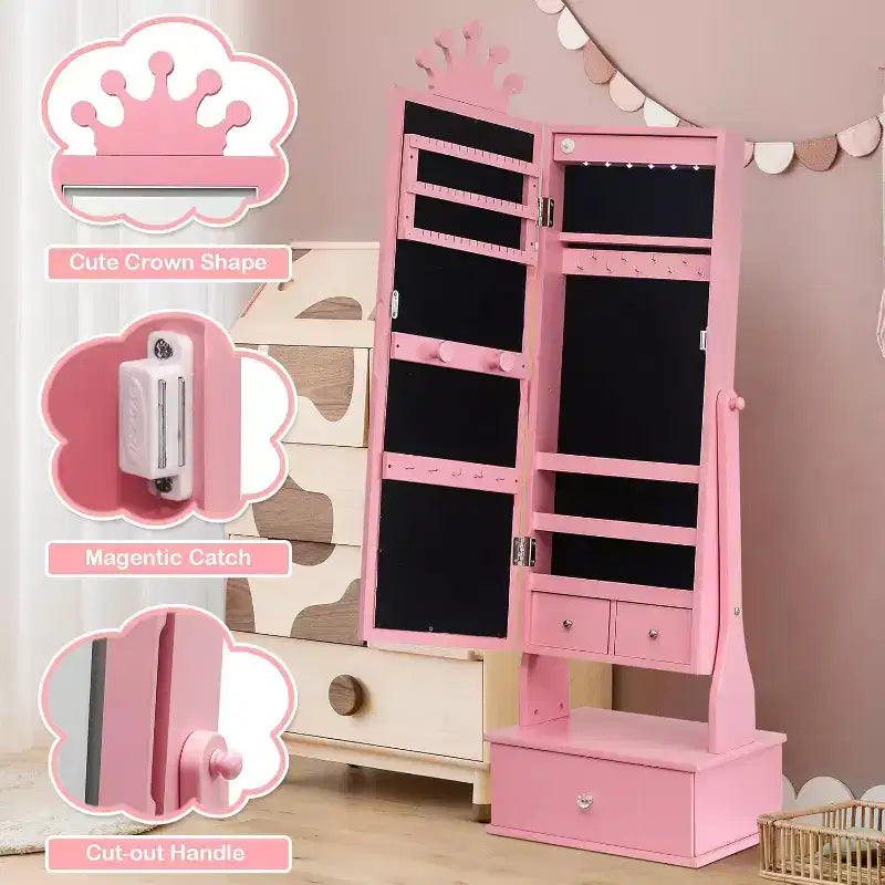 Kids Jewelry Cabinet with LED Full-Length Mirror,Freestanding Princess Vanity with Drawers & Jewelry Organizer,Armoire with Lights for Girls Dress Up