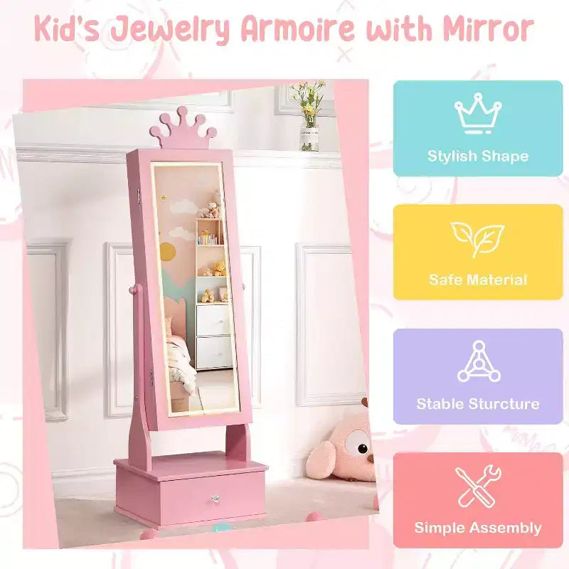 Kids Jewelry Cabinet with LED Full-Length Mirror,Freestanding Princess Vanity with Drawers & Jewelry Organizer,Armoire with Lights for Girls Dress Up